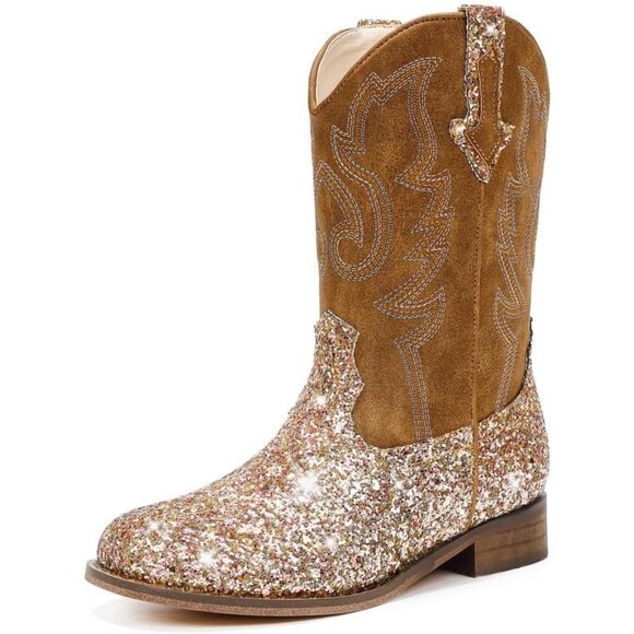 Unisex Child Sequins Brown Mid Calf Glitter Toddler Cowboy Boot Little Big Kids - Picture 1 of 8